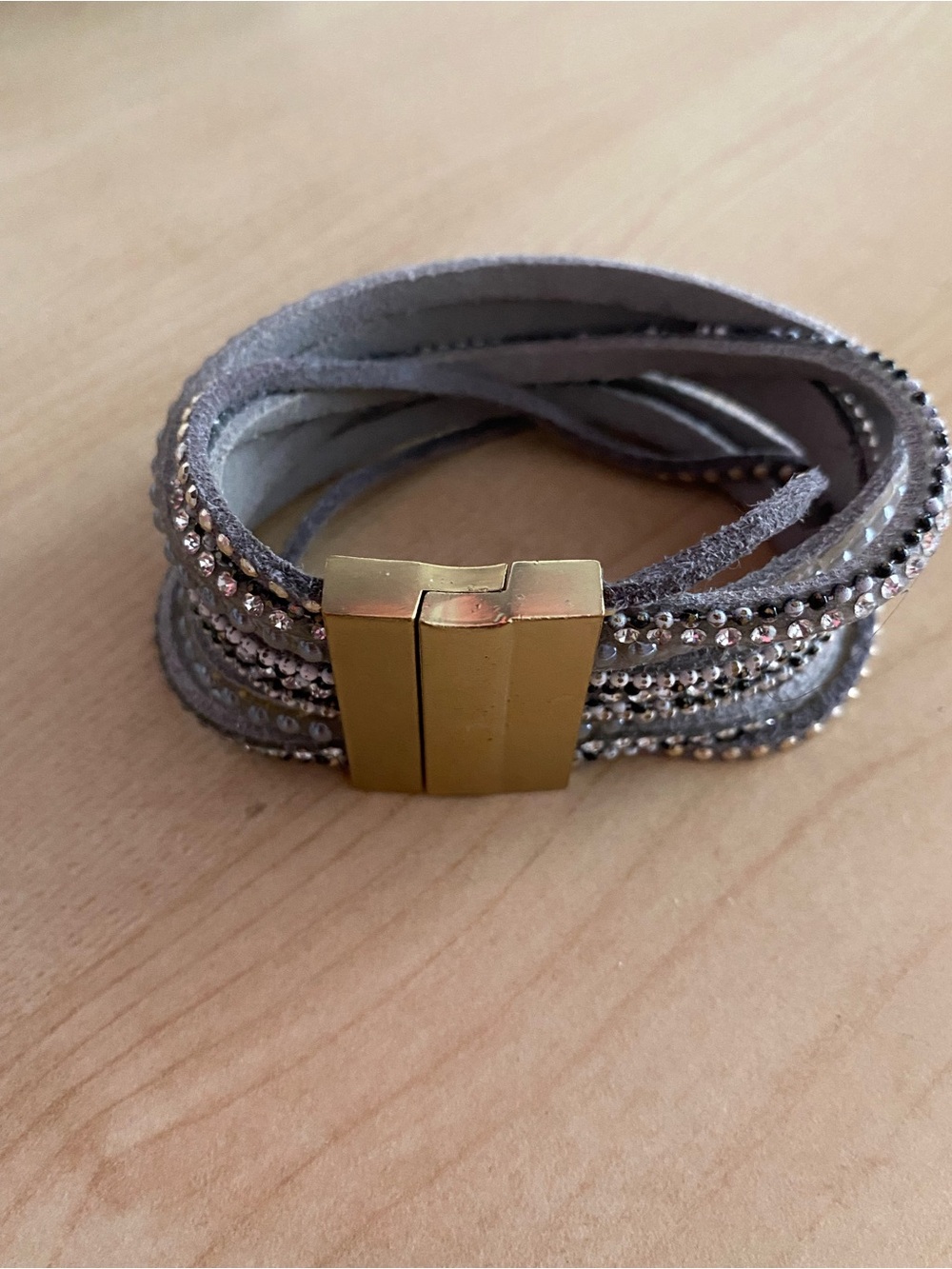 Multi-Strand Gray Wrap Bracelet with Gold Magnetic Clasp